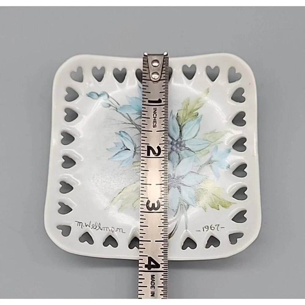 VTG Hand Painted Blue Floral Porcelain Square Dish Heart Cutouts 1967 Original